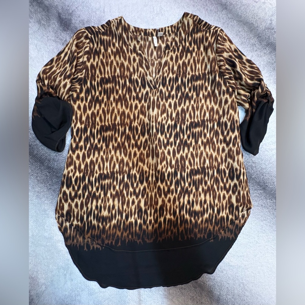 Cato‎ Brown Black Animal Print High Low Roll Tab Tunic Blouse Top Shirt 18 20 W